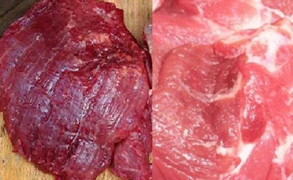 Cách nhận biết thịt bò thật (trái) và thịt bò giả (phải)